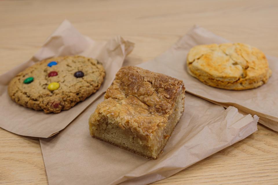 Some fresh baked goods from the Eatery. Chocolate cookie, oeoy gooey bar and gluten-free cheese scone (left to right)