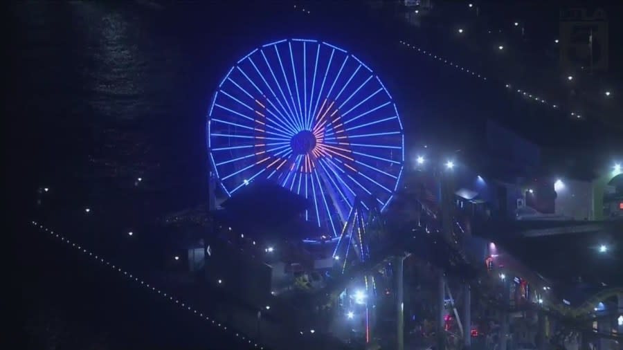 The Ferris wheel on the Santa Monica Pier honored KTLA broadcaster Sam Rubin on May 10, 2024. (KTLA)