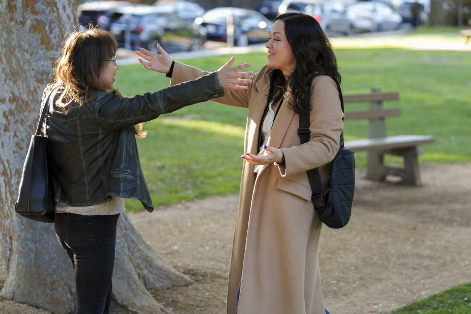 Anna Wong, niece of the late actress Anna May Wong, left, meets with Shannon Lee, daughter of the late martial arts actor Bruce Lee, at Douglas Park in Santa Monica, Calif., on Tuesday, March 7, 2023. They both discovered parallel experiences protecting the legacy of a family member who happens to be a Hollywood and Asian American icon. (AP Photo/Damian Dovarganes)