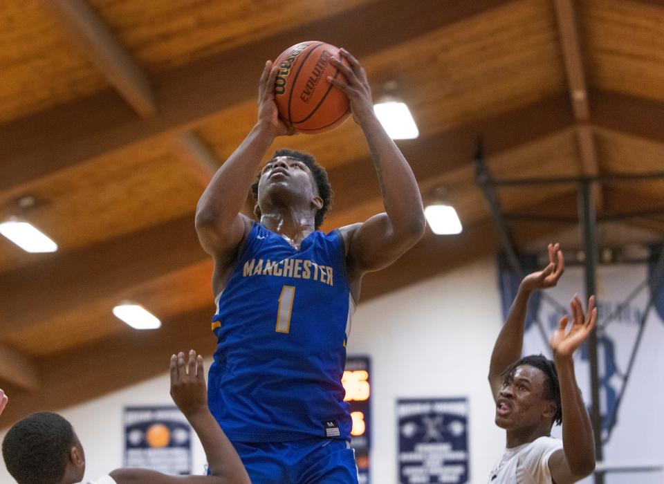 Ranney MeSean Williams goes up with a first half shot. Ranney Boys Basketball defeats Manchester in Tinton Falls on January 26, 2022. 