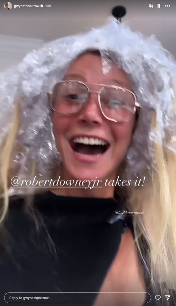 Jubilant over her friend’s win, Paltrow turns the camera around and gives fans a brief glimpse of herself sporting a black coverup, several sheets of tin foil in her hair and her infamous spectacles. Instagram / @gwynethpaltrow