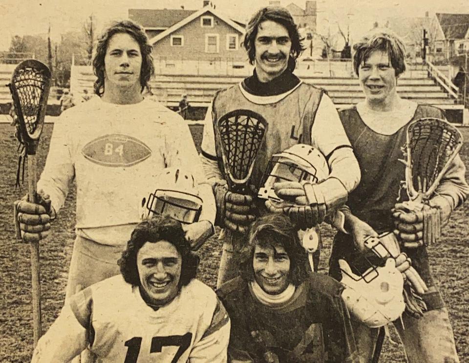 The 1975 Marshall lacrosse team included, front, left to right: Jay Hardesty, Phil Palermo. Back row: Shaun Murray, Roman Siryk and Peter Ritchie.