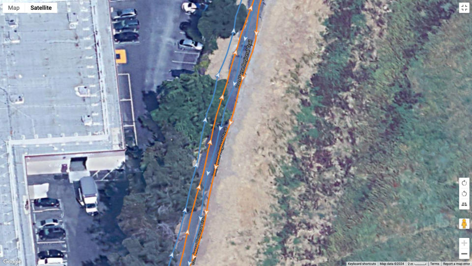 A map showing how the Garmin Forerunner 965 and Apple Watch Ultra 2's post-run GPX maps compare for GPS accuracy