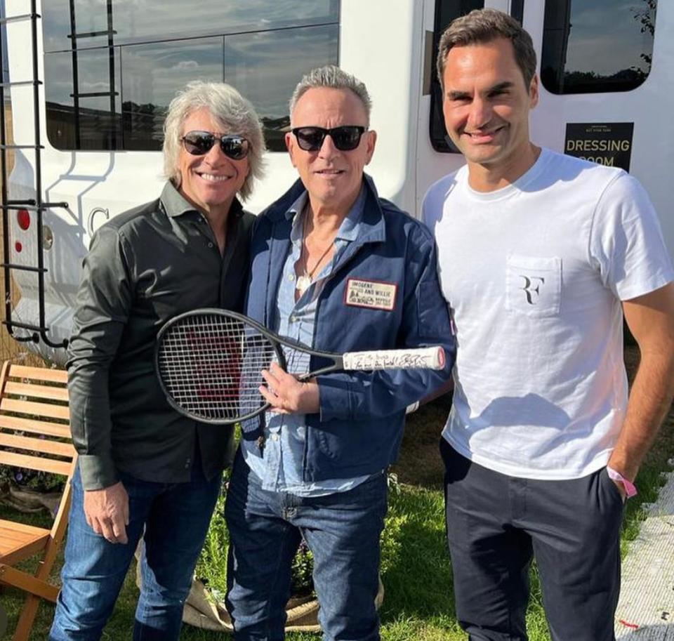 Jon Bon Jovi, Bruce Springsteen and Roger Federer July 6, 2023 at Hyde Park in London. The image was shared on Federer's social media.