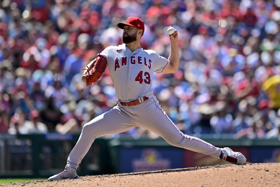 Los Angeles Angels starting pitcher Patrick Sandoval throws during the fifth inning of a baseball game against the Philadelphia Phillies, Sunday, June 5, 2022, in Philadelphia. (AP Photo/Derik Hamilton)