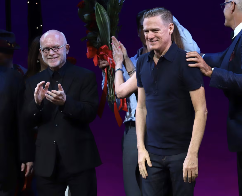 Jim Vallance, left, and Bryan Adams at the Pretty Woman: The Musical opening night curtain call at the Nederlander Theatre in New York in 2018. Vallance and Adams had a hugely successful songwriting partnership for many years. (Greg Allen/Associated Press)