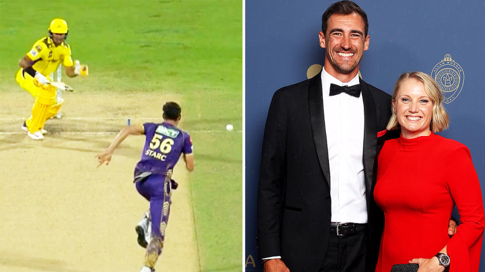 Mitchell Starc, pictured here in the IPL and with wife Alyssa Healy. 