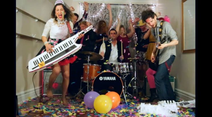 Vanessa Vakharia, who runs The Math Guru is also lead singer of a band. She's the one playing the keytar, a keyboard/guitar. Photo from Goodnight, Sunrise