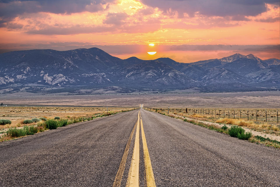 A road leading to Great Basin National Park at sunset.