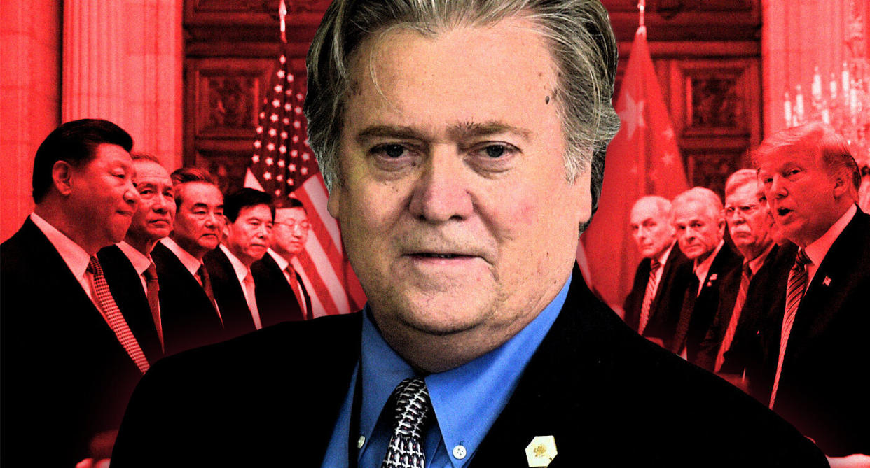 Steve Bannon; and, U.S. President Donald Trump and China's President Xi Jinping meet business leaders at the Great Hall of the People in Beijing, China, November 9, 2017. (Photo illustration: Yahoo News; photos: AP, Damir Sagolj/Reuters)