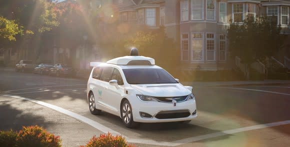 A Chrysler Pacifica Hybrid minivan outfitted with a Waymo self-driving system.