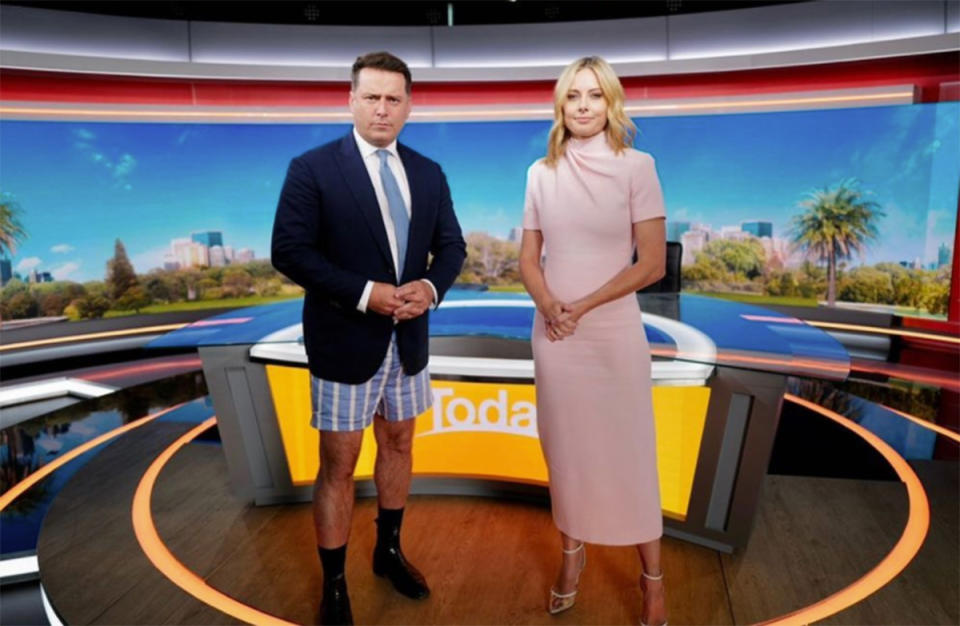 Karl Stefanovic not wearing pants and Allison Langdon in a pink dress on the Today show