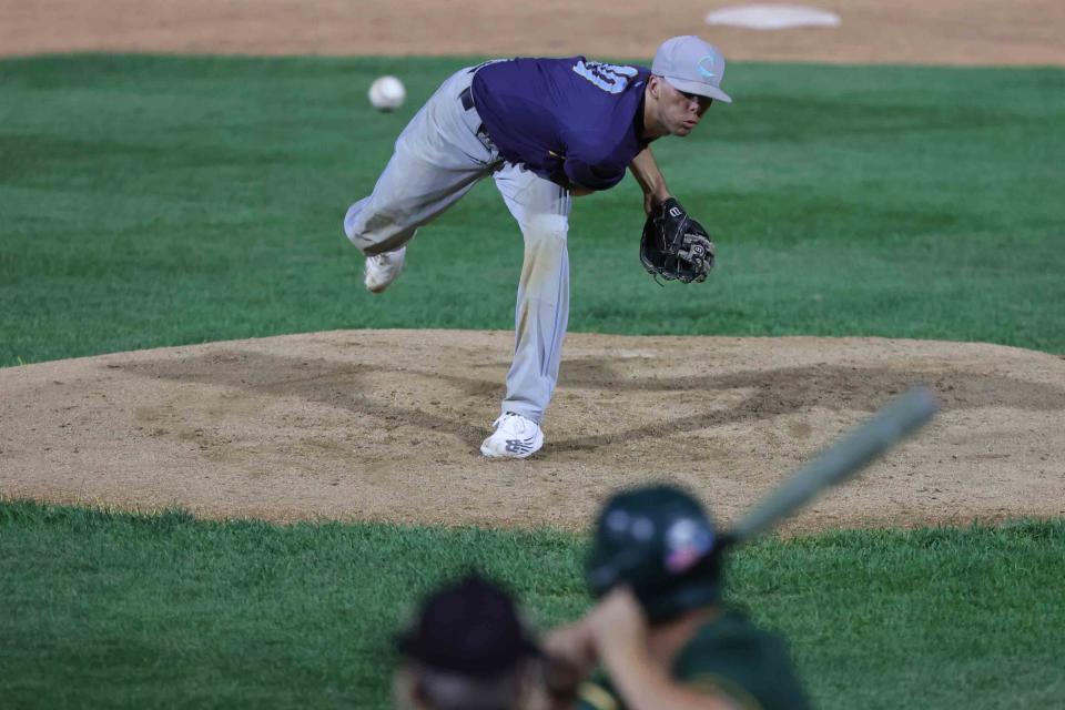 Cape Henlopen pitcher Nicholas Cox delivers during the DIAA Baseball Tournament semifinal game between Cape Henlopen and Saint Mark’s Saturday at Frawley Stadium.