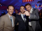 LOS ANGELES, CA - MAY 10: (L-R) Producer/director Peter Berg, actors Taylor Kitsch and Liam Neeson pose at the after party for the premiere of Universal Pictures' "Battleship" at L.A. Live on May 10, 2012 in Los Angeles, California. (Photo by Kevin Winter/Getty Images)