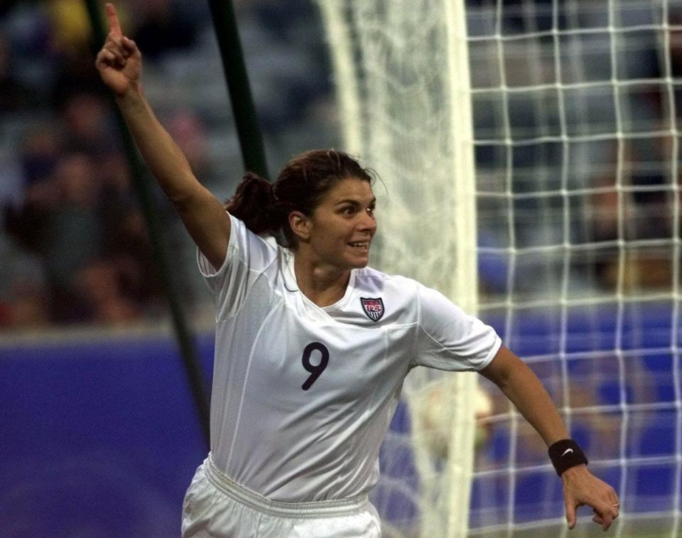 United State National Women's Soccer star Mia Hamm celebrates after she scored in a 1-0 win over Brazil in 2000.