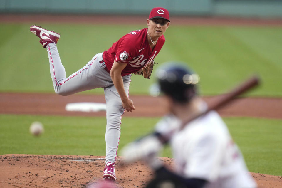 Cincinnati Reds pitcher Luke Weaver watches a throw during the first inning of the team's baseball game against the Boston Red Sox at Fenway Park, Wednesday, May 31, 2023, in Boston. (AP Photo/Charles Krupa)