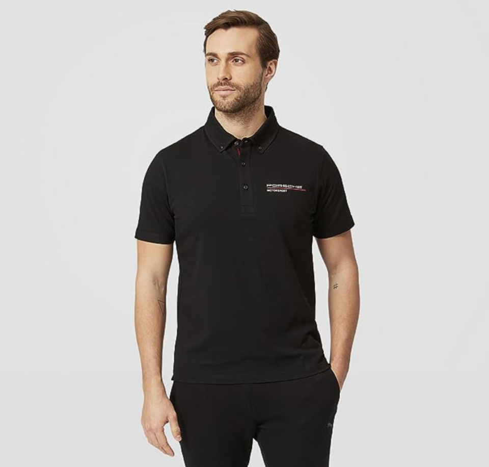 A photo of a model wearing Porsche Motorsport Black Polo Shirt. (PHOTO: Amazon Singapore)