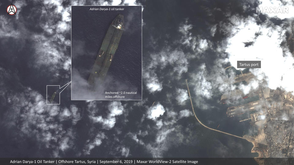 This Friday, Sept. 6, 2019, satellite image provided by Maxar Technologies appears to show the Iranian oil tanker Adrian Darya-1 off the coast of Tartus, Syria. Satellite images obtained by The Associated Press on Saturday, Sept. 7, 2019, appeared to show the once-detained Iranian oil tanker Adrian Darya-1 near the Syrian port, despite U.S. efforts to seize the vessel. That's after Gibraltar earlier seized and held the tanker for weeks, later releasing it after authorities there said Iran promised the oil wouldn't go to Syria. (Satellite image ©2019 Maxar Technologies via AP)