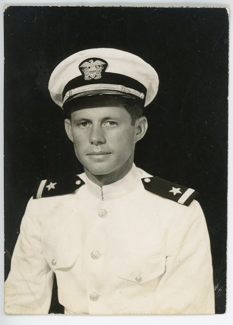 From 1943, during World War II. A mid-20s Kennedy poses for a photograph in his Navy uniform. <a href="http://www.mcinnisauctions.com/" rel="nofollow noopener" target="_blank" data-ylk="slk:(Photo courtesy of John McInnis Auctioneers);elm:context_link;itc:0;sec:content-canvas" class="link ">(Photo courtesy of John McInnis Auctioneers)</a>