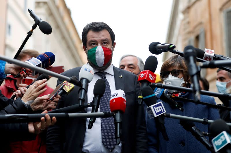 FILE PHOTO: Leader of Italy's far-right League party Matteo Salvini speaks to the media, in Rome