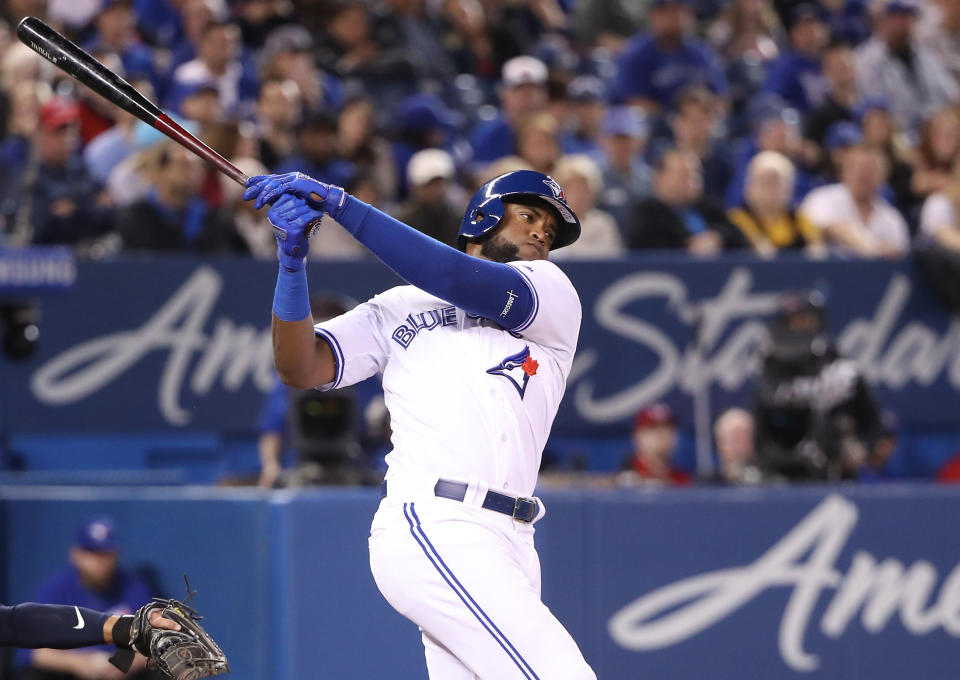 TORONTO, ON - APRIL 14: Socrates Brito #38 of the Toronto Blue Jays bats in the sixth inning during MLB game action against the Tampa Bay Rays at Rogers Centre on April 14, 2019 in Toronto, Canada. (Photo by Tom Szczerbowski/Getty Images)