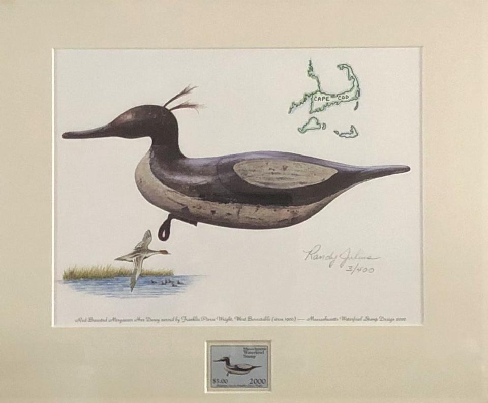 Artwork created in 2000 by the late outdoorsman Randy Julius  shows a red-breasted merganser.