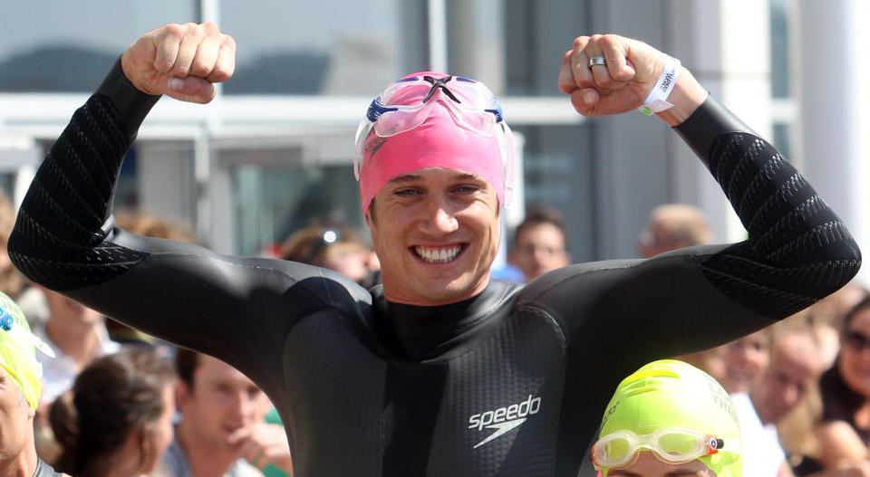 Vernon Kay competes in the Challenger World London Triathlon, at the Excel Centre, London.   (Photo by Lewis Whyld/PA Images via Getty Images)