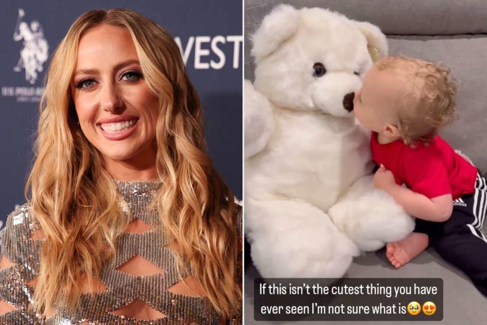 <p>Christopher Polk/Billboard via Getty; Britanny Mahomes/Instagram</p> Brittany Mahomes pictured alongside son Bronze kissing a teddy bear 