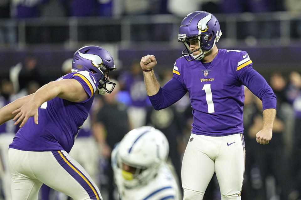 Minnesota Vikings place kicker Greg Joseph (1) celebrates after kicking a 40-yard field goal during overtime in an NFL football game against the Indianapolis Colts, Saturday, Dec. 17, 2022, in Minneapolis. The Vikings won 39-36 (AP Photo/Abbie Parr)