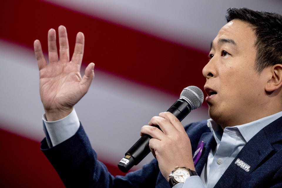 Democratic presidential candidate Andrew Yang speaks at "Our Rights, Our Courts" forum New Hampshire Technical Institute's Concord Community College, Saturday, Feb. 8, 2020, in Concord, N.H. (AP Photo/Andrew Harnik)