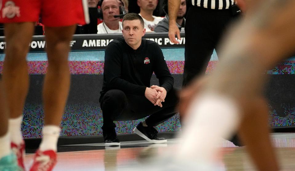 Mar 3, 2024; Columbus, OH, USA; Ohio State Head Coach Jake Diebler watches the team during their NCAA Division I Mens basketball game at Value City Arena.