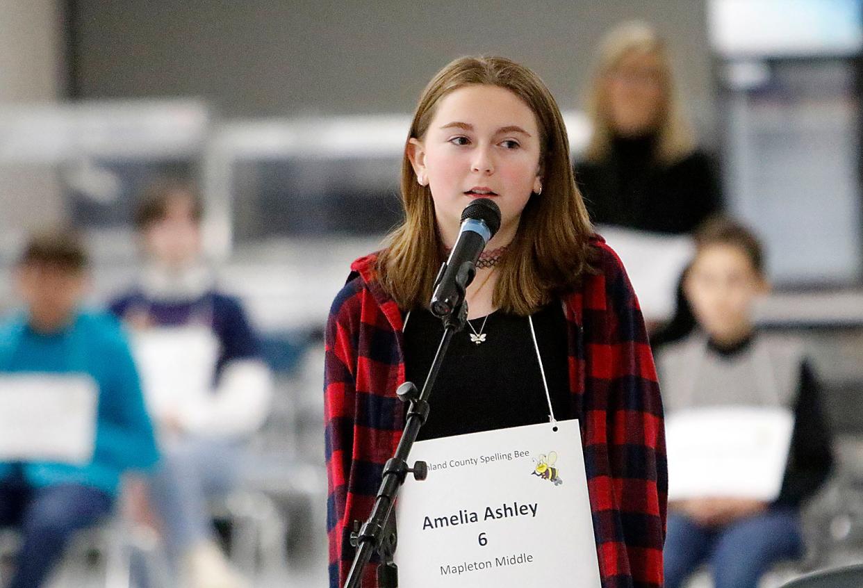 Amelia Ashley from Mapleton Middle School, spells a word during 6th grade Bee at the 2022 Ashland County Spelling Bee. Ashley is compete Tuesday in this year's Spelling Bee.