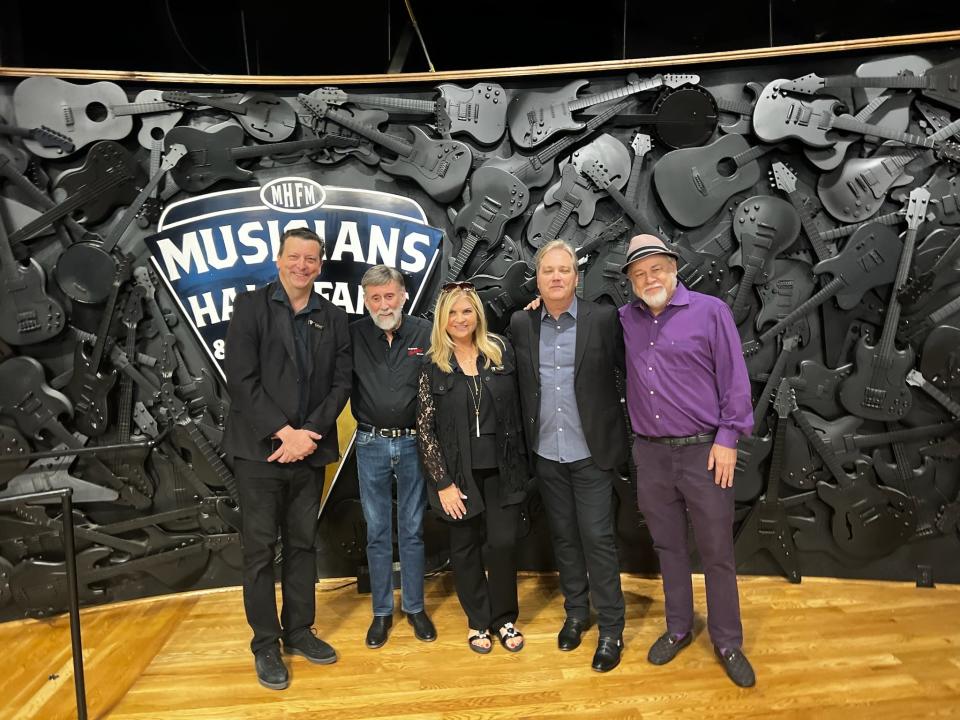 Jay McCrary, from left, Ray Stevens, Linda Chambers, Steve Wariner and Dave Pomeroy at the Musicians Hall of Fame and Museum in Nashville on June 9, 2023.