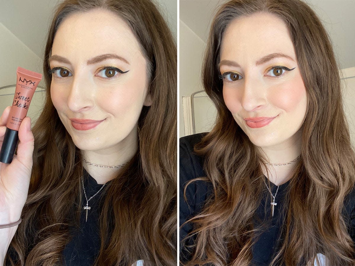 Reporter Amanda Krause tries the NYX Professional Makeup Sweet Cheeks blush.