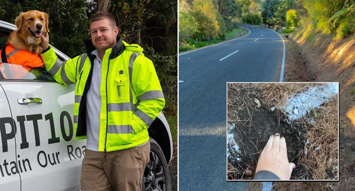 Geoff Upson pictured with his dog and the road where the lines were painted on dirt.