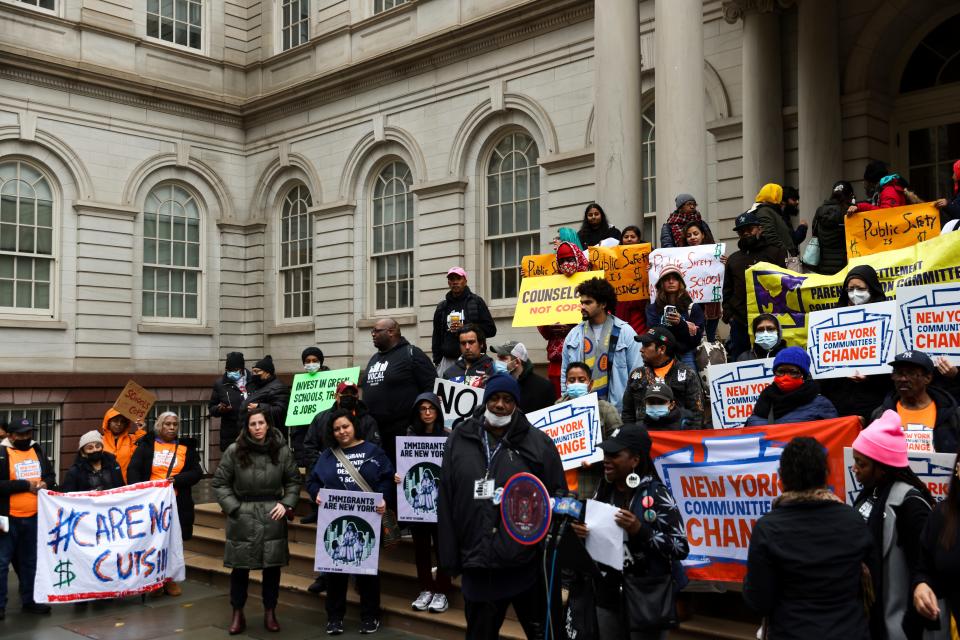 Advocates for people with mental illnesses protest New York City Mayor Eric Adams' plan to force people from the streets and into mental health treatment, on Wednesday, Dec. 7, 2022, in New York.