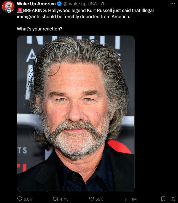 Users on X claimed there was breaking news with the words Hollywood legend Kurt Russell just said that illegal immigrants should be forcibly deported from America.