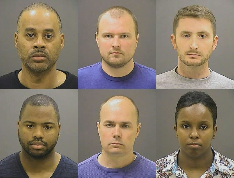 This Baltimore police Department file photo shows Baltimore, Maryland police officers, top row from left, Caesar R. Goodson Jr., Garrett E. Miller and Edward M. Nero, and bottom row from left, William G. Porter, Brian W. Rice and Alicia D. White