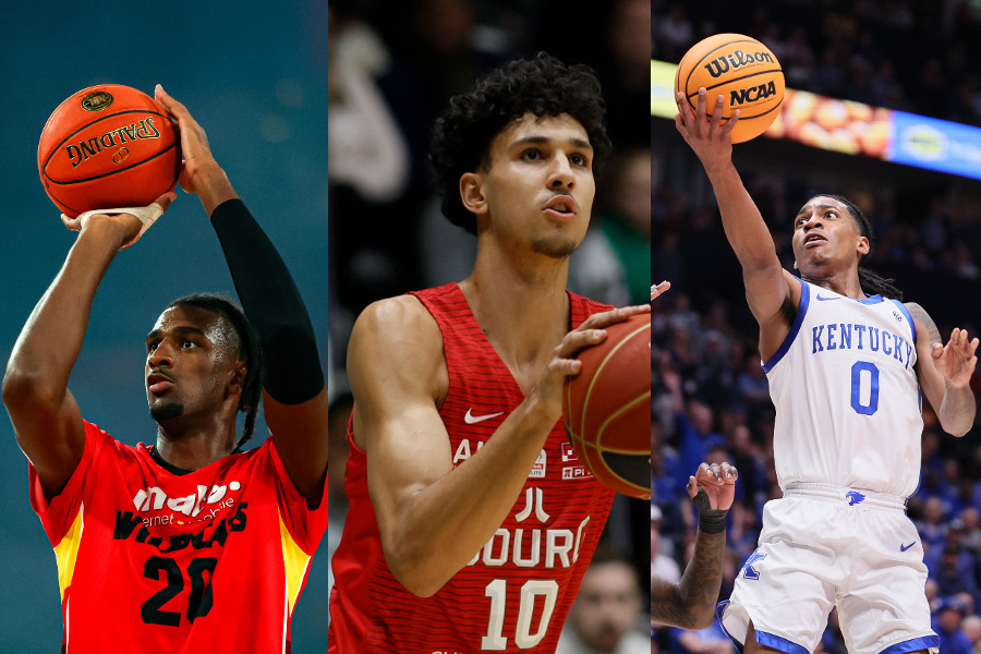 LEFT: French basketball player Alexandre Sarr of the Perth Wildcats (COLIN MURTY/AFP via Getty Images); MIDDLE: Bourg-en-Bresse's forward Zaccharie Risacher (IAN LANGSDON/AFP via Getty Images); RIGHT: Rob Dillingham #0 of the Kentucky Wildcats (Andy Lyons/Getty Images)