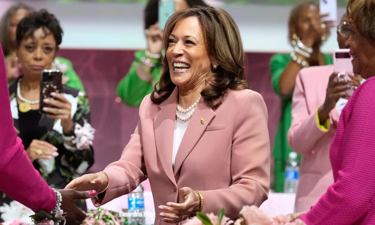 <span>Vice President Kamala Harris speaks at the Alpha Kappa Alpha Sorority Inc. annual convention during the 71st biennial Boule at the Kay Bailey Hutchison Convention Center in Dallas, Wednesday, 10 July 2024. </span><span>Photograph: LM Otero/AP</span>