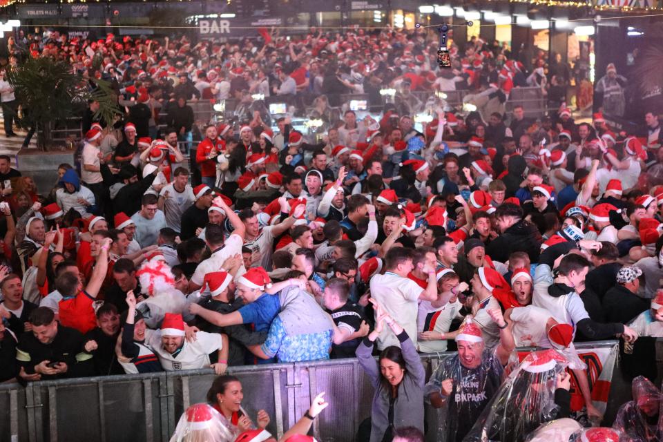 England football fans at Boxpark Wembley tonight for the World Cup match between England and Senegal.   04/12/2022  Belinda Jiao jiao.bilin@gmail.com