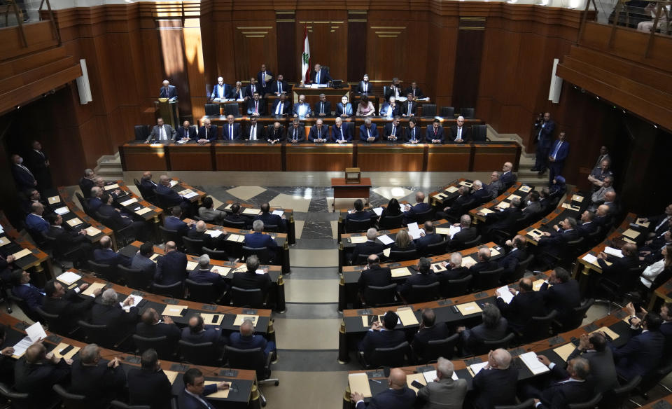 Lawmakers elect a house speaker, at the parliament building, in Beirut, Lebanon, Tuesday, May 31, 2022. Lebanon's longtime parliament speaker, Nabih Berri, who has held the post for 30 years, was re-elected for a seventh four-year term Tuesday with the minimum number of required votes, a reflection of a shift in public opinion in the crumbling nation on the verge of bankruptcy. (AP Photo/Hussein Malla)