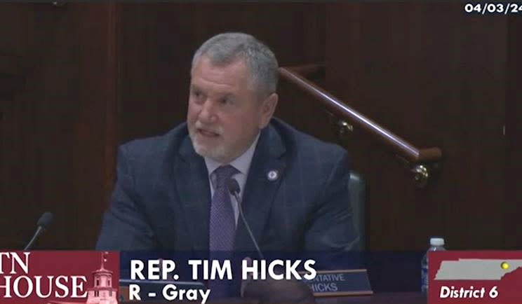 <strong><em>Tennessee Rep. Tim Hicks (R-Gray) speaks during a House Health Committee meeting April 3, 2024. (Tennessee General Assembly)</em></strong>