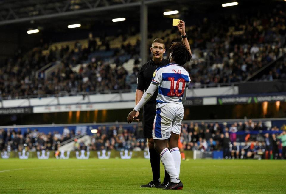 Eberechi Eze is booked for diving by referee Robert Jones (REUTERS)