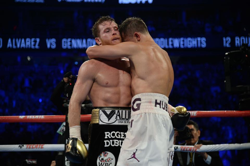 Canelo Alvarez, left, and Gennady Golovkin huge after their boxing match at T-Mobile Arena on Sept. 15, 2018. Alvarez won the bout, their second against each other, via majority decision.