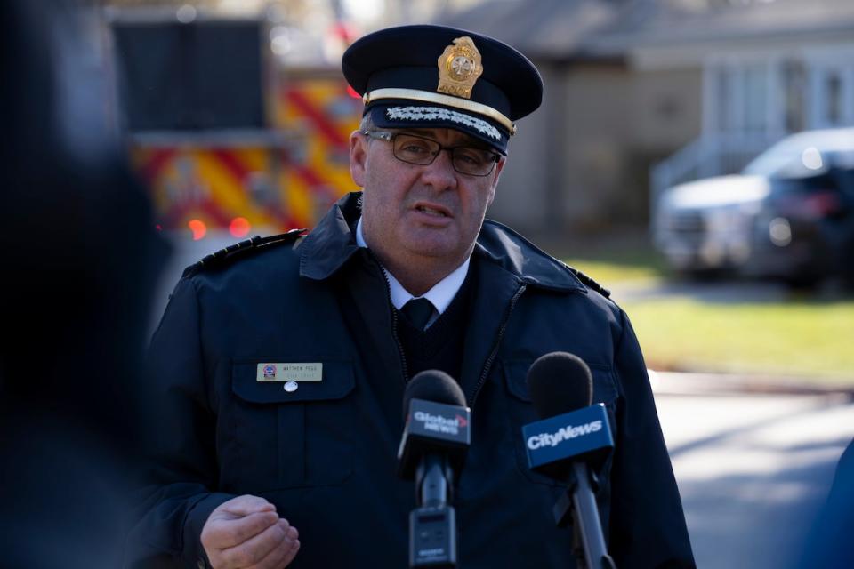 Toronto Fire Chief Matthew Pegg is pictured here updating the media at the scene of a house explosion that caused a fire in Toronto on Sunday, Nov. 12, 2023.