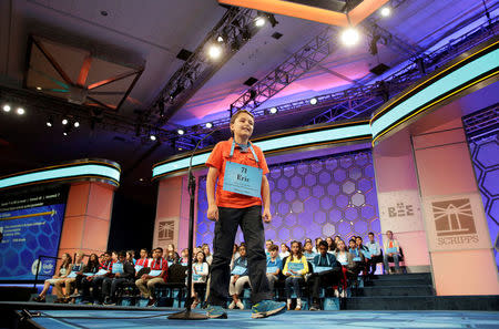 Eric Gitson, 11, of Delaware, Ohio, competes during the 2017 Scripps National Spelling Bee at National Harbor in Oxon Hill, Maryland, U.S., May 31, 2017. REUTERS/Joshua Roberts