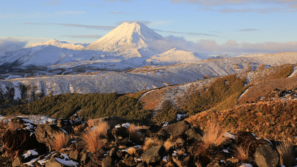 Active volcanoes of Mt Ngaruhoe and Mt Tongariro from flanks of Mt Ruapehu, Tongariro National Park, New Zealand