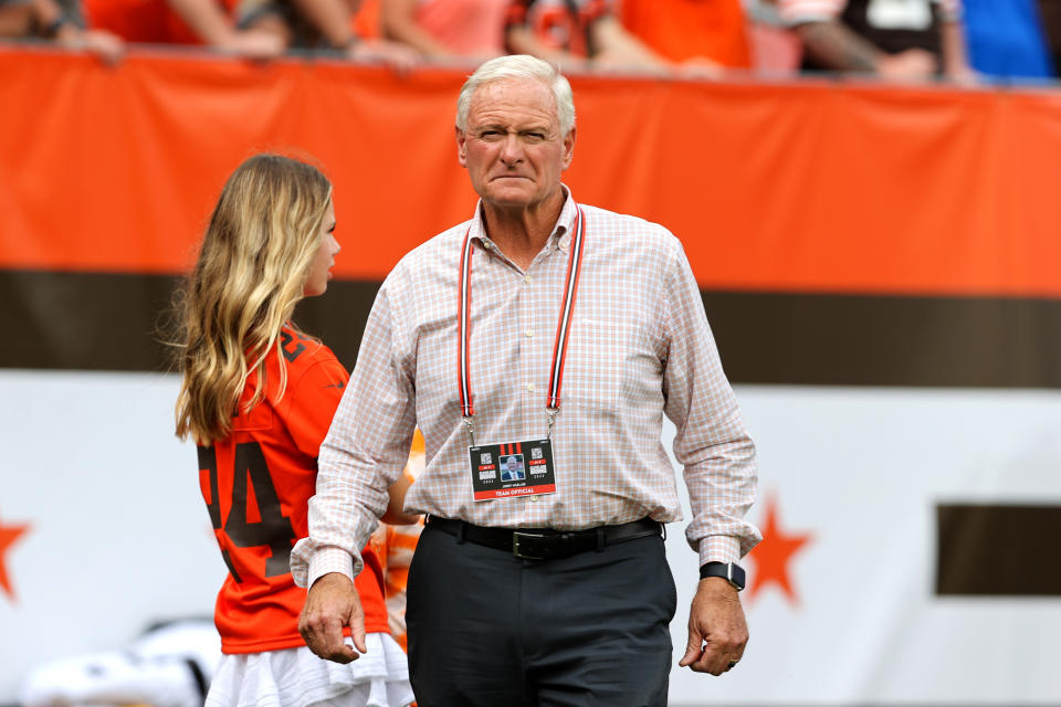 A fan threw a bottle at Browns owner Jimmy Haslam near the end of their loss to the Jets on Sunday. (Frank Jansky/Icon Sportswire via Getty Images)