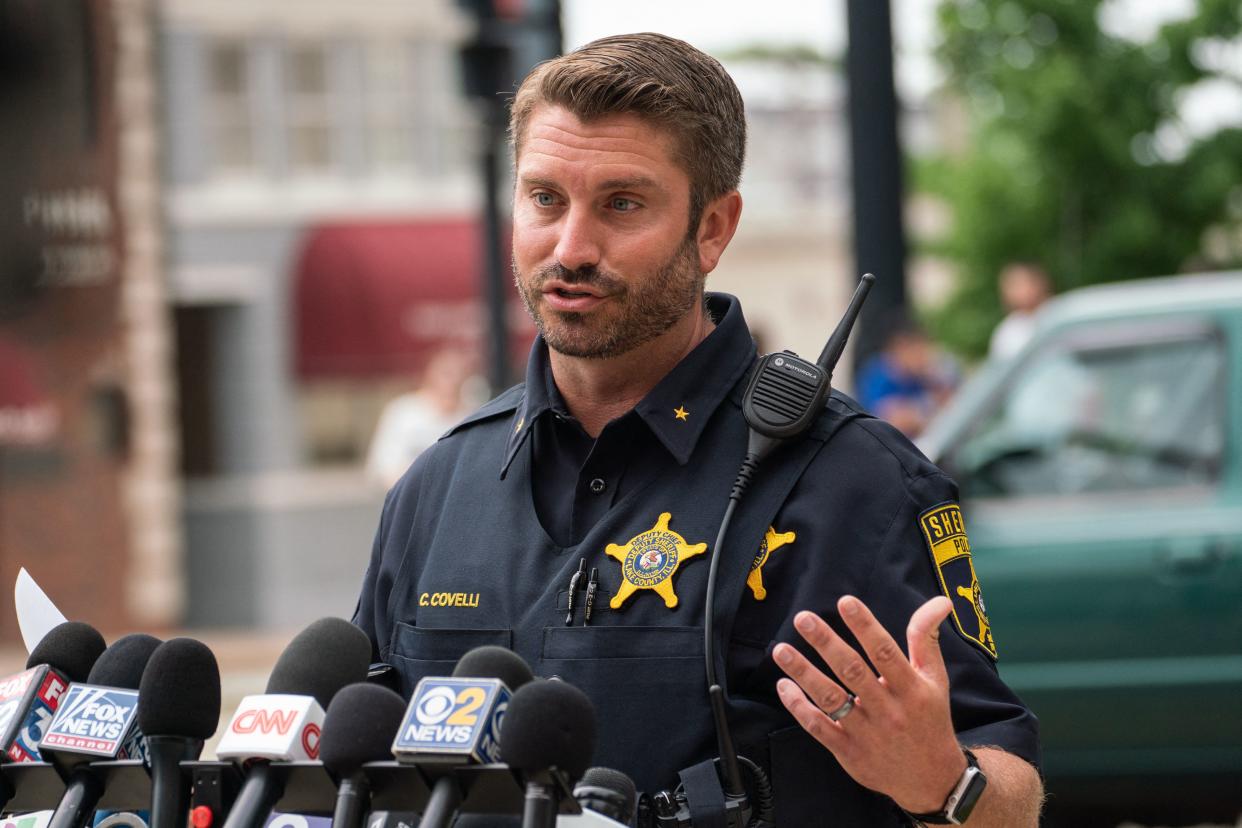 Lake County Sheriff's Office Deputy Chief Christopher Covelli speaks to the media outside the courthouse in Waukegan, Ill., on Wednesday. (Photo by Max Herman/AFP via Getty Images)